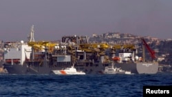 FILE - The exploration ship Deepwater Champion, shown off the Turkish coast in 2011, is in position to begin exploration drilling at the Stabroek Block off the coast of Guyana.