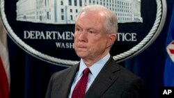 FILE - Attorney General Jeff Sessions attends a news conference at the Department of Justice.