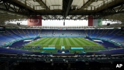 A view of the stadium prior to an Italian national team training session ahead of Friday's Euro 2020 opening group A soccer match against Turkey, at the Rome Olympic stadium, June 10, 2021. 