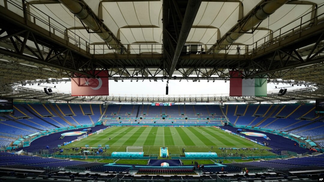 A view of the stadium prior to an Italian national team training session ahead of Friday's Euro 2020 opening group A soccer match against Turkey, at the Rome Olympic stadium, June 10, 2021. 