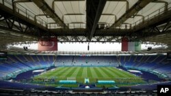 A view of the stadium prior to an Italian national team training session ahead of Friday's Euro 2020 opening group A soccer match against Turkey, at the Rome Olympic stadium, June 10, 2021. 