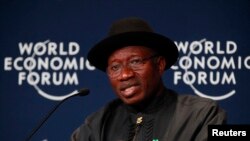 Nigeria President, Goodluck Jonathan, speaks during the World economic forum on Africa in Abuja, Nigeria, May 8, 2014.