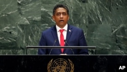 FILE - Seychelles President Danny Faure addresses the 74th session of the United Nations General Assembly, Sept. 25, 2019.