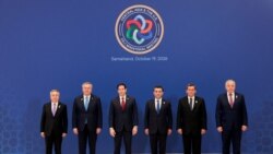 U.S. Secretary of State Marco Rubio poses for a C5+1 Ministerial family photo with foreign minsters of Uzbekistan, Kazakhstan, Tajikistan, Turkmenistan, and Kyrgyzstan, at the Congress Center in Samarkand, Uzbekistan, October 19, 2026.