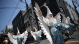 Heron-hooded dancers perform as they parade down the streets toward Asakusa Shrine in the compound of Sensoji Temple in Tokyo, Japan prior to the annual Sanja Festival, one of the three major festivals scheduled on May 16-18.