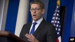 Phát ngôn viên Tòa Bạch Ốc Jay Carney trong cuộc họp báo ngày 24 tháng 6, 2013.