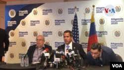 Juan Guaidó durante una rueda de prensa en su reciente visita a Miami.
Foto VOA