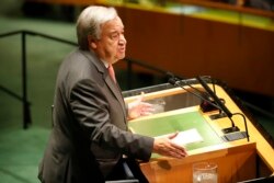 FILE - United Nations Secretary-General Antonio Guterres addresses the 74th session of the United Nations General Assembly at U.N. headquarters, Sept. 24, 2019.