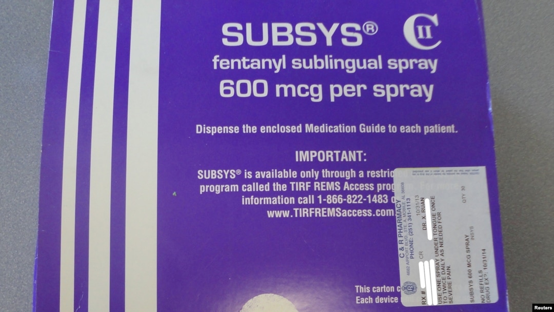Sekotak obat mengandung Fentanyl, Subsys, yang diproduksi oleh Insys Therapeutics Inc, dalam foto yang dirilis oleh Kantor Jaksa Distrik Selatan Alabama.

