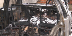 Milan Jovanovic's burned vehicle, in Belgrade, Serbia, December 2018. (RFE/RL)