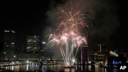 (FILE) Fireworks explode over Baltimore's Inner Harbor during the Ports America Chesapeake 4th of July Celebration, Thursday, July 4, 2019, in Baltimore.