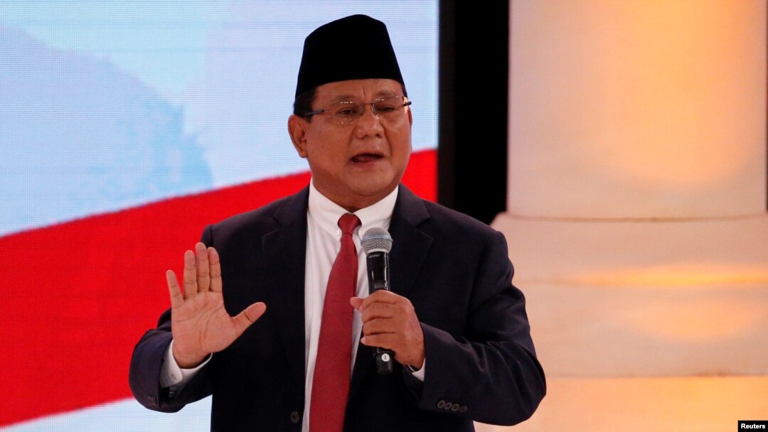 Indonesia's presidential candidate Prabowo Subianto gestures as he speaks during a debate with his opponent Joko Widodo, not pictured, in Jakarta, Indonesia, Feb. 17, 2019.