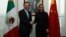 Mexico's Foreign Minister Claudia Ruiz Massieu shakes hands with Chinese State Councillor Yang Jiechi after attending a private meeting at the foreign ministry building in Mexico City in this undated Mexican Foreign Ministry handout photo, Dec. 12, 2016. 