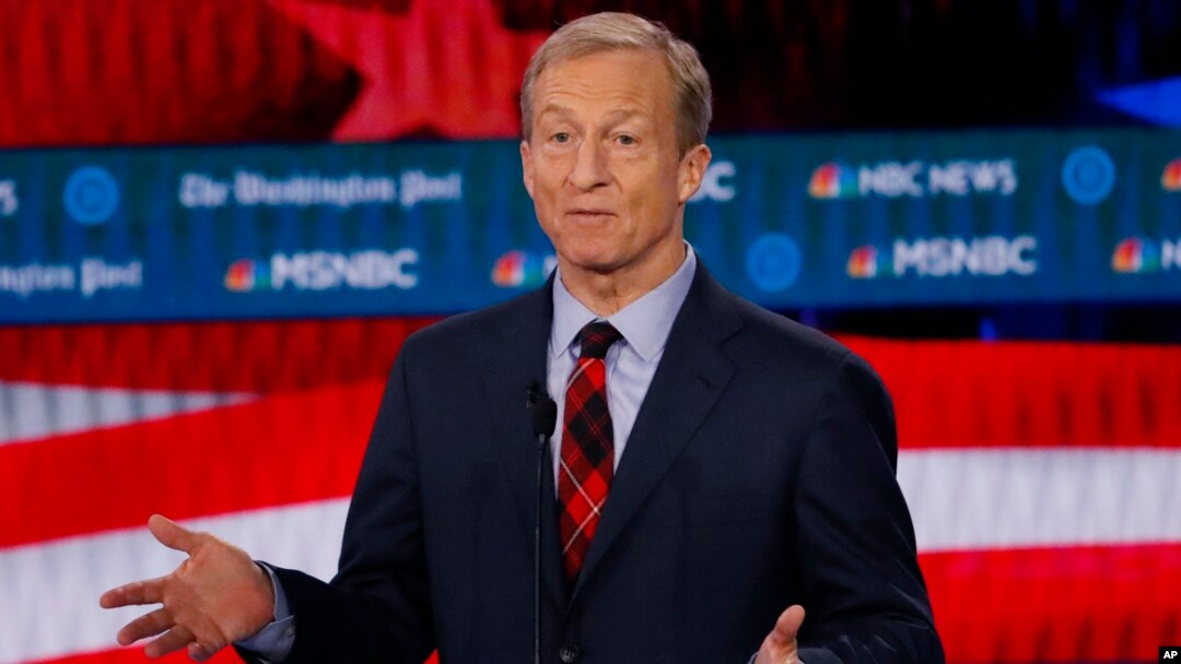 FILE - Democratic presidential candidate and investor Tom Steyer speaks during a Democratic primary debate in Atlanta, Georgia, Nov. 20, 2019.