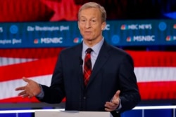 FILE - Democratic presidential candidate and investor Tom Steyer speaks during a Democratic primary debate in Atlanta, Georgia, Nov. 20, 2019.