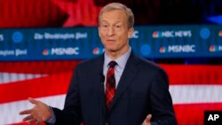 FILE - Democratic presidential candidate and investor Tom Steyer speaks during a Democratic primary debate in Atlanta, Georgia, Nov. 20, 2019.