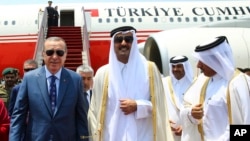 Cumhurbaşkanı Recep Tayyip Erdoğan ve dönemin Katar Şeyhi Tamim bin Hamad Al Thani 2017'de Doha'da.