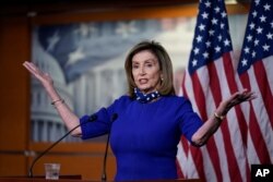 Speaker of the House Nancy Pelosi, D-Calif., speaks during a news conference at the Capitol in Washington, Aug. 27, 2020.