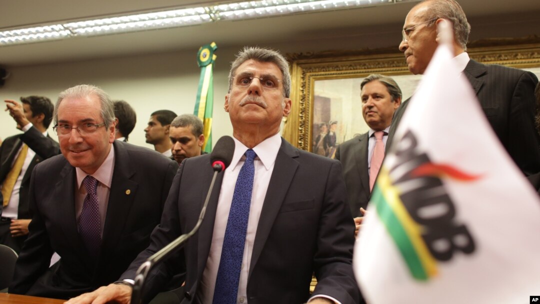 Para pejabat partai politik terbesar Brazil, PMDB melakukan rapat di kota Brasilia (29/3). PMDB memutuskan keluar dari koalisi pemerintahan. 