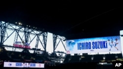 Las pantallas de los jardines del T-Mobile Park muestran imágenes del ex jardinero derecho de los Marineros de Seattle, Ichiro Suzuki, luego de su elección al Salón de la Fama del Béisbol Nacional, el martes 21 de enero de 2025, en Seattle. (Foto AP/Lindsey Wasson).