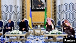 Deputy Governor of the Holy City of Mecca Prince Saud bin Mishaal bin Abdulaziz meets Ukrainian President Volodymyr Zelenskyy during his visit to Jeddah, Saudi Arabia, March 10, 2025. (Saudi Press Agency/Handout via Reuters)