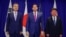 美国国务卿马尔科·卢比奥在纽约联合国大会期间会见日本外相茂木敏充(Motegi Toshimitsu)(右)和韩国外交部长赵显(Cho Hyun)(左)，三国外长在会后发表联合声明。(2026年9月21日)
