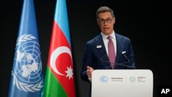 FILE - Finnish President Alexander Stubb speaks at the COP29 U.N. Climate Summit, in Baku, Azerbaijan, Nov. 12, 2024.