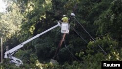 A power company worker surveys damage to overhead power lines on Canal Road in Washington, D.C., June 30, 2012, following an overnight storm in the area. 