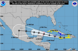 Posición y trayectoria de la tormenta tropical Grace el martes 17 de agosto de 2021 a las 5:00 am (hora del Este de EE. UU). Gráfico del Centro Nacional de Huracanes de EE. UU.