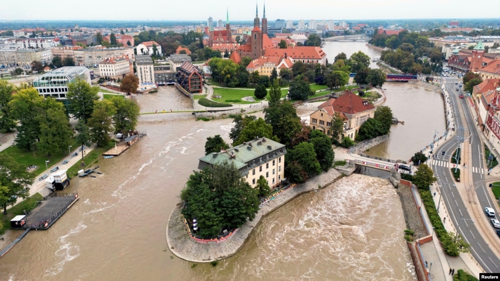 In this file photo, a drone captures views of the Oder river during flooding in Wroclaw, Poland September 19, 2024. (Reuters)