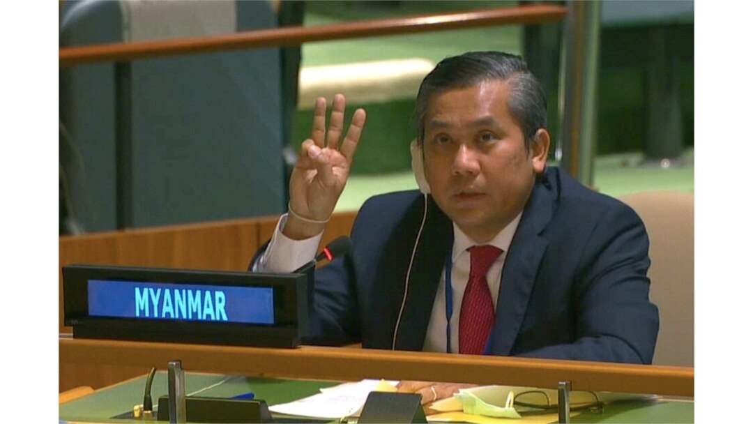 FILE - Myanmar's ambassador to the U.N., Kyaw Moe Tun, holds up three fingers to the General Assembly, where he pleaded for international action in overturning the military coup in his country, as seen in this still image taken Feb. 26, 2021.
