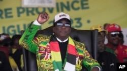 FILE - Zimbabwe's President Emmerson Mnangagwa at a campaign rally in Harare, August 9, 2023.