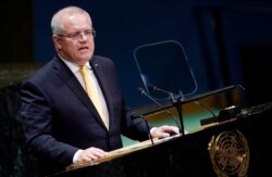 FILE - Australian Prime Minister Scott Morrison addresses the 74th session of the United Nations General Assembly at U.N. headquarters in New York City, New York, Sept. 25, 2019.