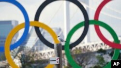 A bird rests with a backdrop of the Olympic rings floating in the water in the Odaiba section Thursday, April 8, 2021, in Tokyo. (AP Photo/Eugene Hoshiko)