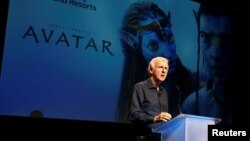 FILE - Director James Cameron announce a long-term agreement which will bring "Avatar"-themed lands to Disney parks as he speaks at a media briefing in Glendale, Calfornia, Sept. 20, 2011.