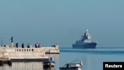 A Russian guided missile frigate Admiral Gorshkov enters Havana's bay, Cuba, June 24, 2019. 