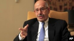 Former director of the U.N.'s nuclear agency and Nobel peace laureate Mohamed ElBaradei speaks during a news conference following the meeting of the National Salvation Front, Egypt’s main opposition coalition, in Cairo, Jan. 28, 2013.