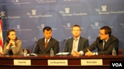 From left to right: Olivia Enos, policy analyst of the Heritage Foundation, Sophal Ear, associate professor at Occidental College, Lee Morgenbesser, assistant professor at Griffith University, and Brian Eyler, director of the Southeast Asian Program at Stimson Center, Washington DC, September 13, 2018. (Sreng Leakhena/VOA Khmer) 