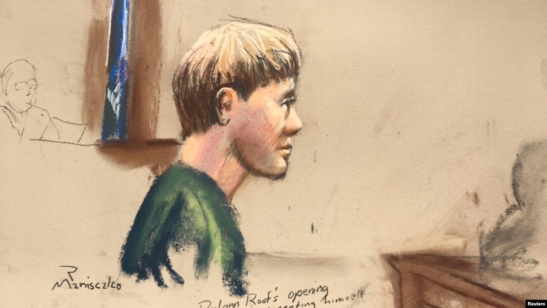 Gambar sketsa Dylann Roof, yang menghadapi hukuman mati karena pembunuhan sembilan orang di gereja kulit hitam di South Carolina, dalam sidang (4/1).
