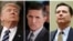 FILE - From left, President Donald Trump, former White House National Security Advisor Michael Flynn, former FBI Director James Comey.