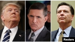 FILE - From left, President Donald Trump, former White House National Security Advisor Michael Flynn, FBI Director James Comey.