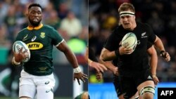 FILE - This combination of photographs created on October 26, 2023, shows South Africa's loose forward Siya Kolisi (L)during the Rugby Championship match in Port Elizabeth, South Africa, on September 29, 2018 and New Zealand's Sam Cane in Dunedin on June 25, 2016.