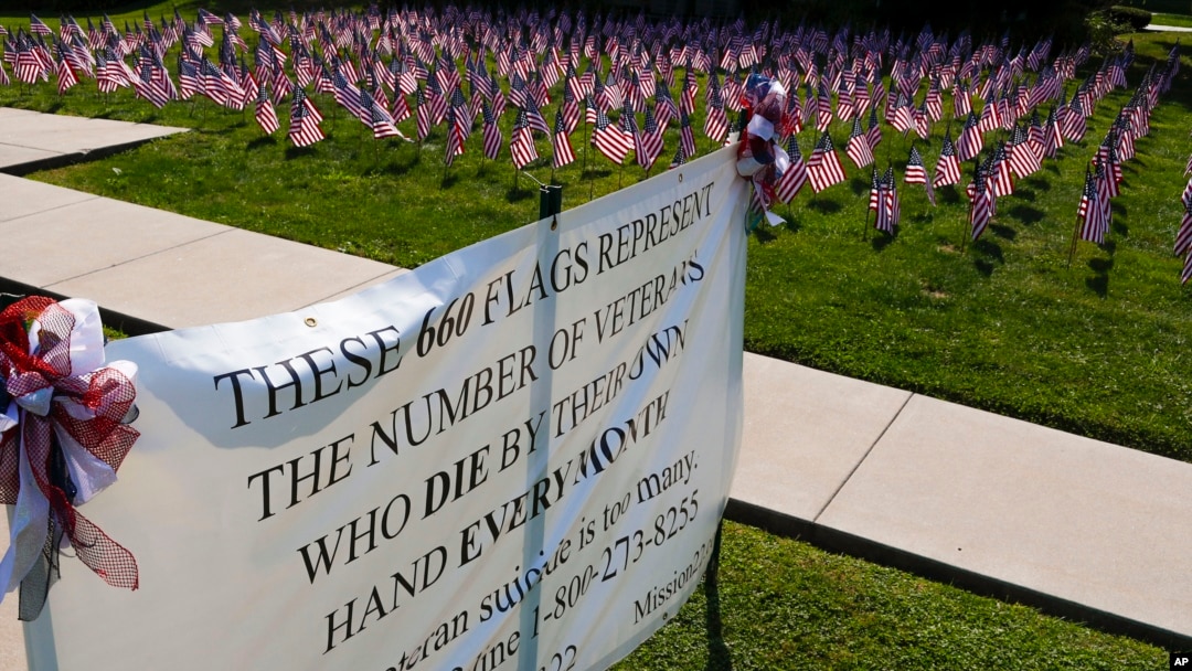 FILE - Some of the 660 American flags on display, illustrating the number of U.S. veterans who commit suicide each year, are seen by the banner on the church lawn of St. Peter's Reformed Church, in Zelienople, Pa., Aug. 30, 2019.