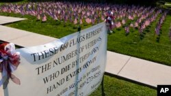 FILE - Some of the 660 American flags on display, illustrating the number of U.S. veterans who commit suicide each year, are seen by the banner on the church lawn of St. Peter's Reformed Church, in Zelienople, Pa., Aug. 30, 2019.