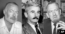 This combination of photos show authors Ernest Hemingway in 1950, left, William Faulkner in 1950, center, and John Steinbeck in 1962. (AP Photo)