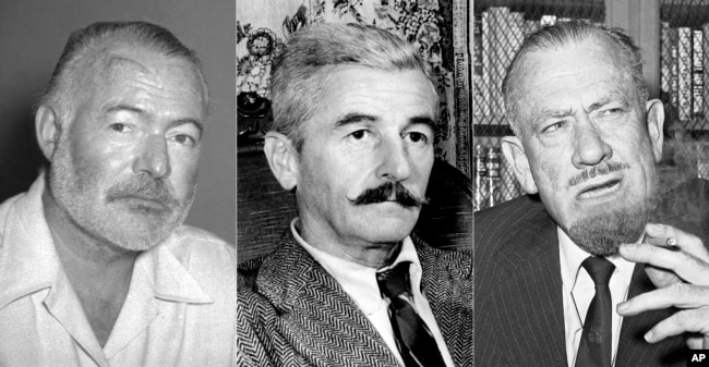 This combination of photos show authors Ernest Hemingway in 1950, left, William Faulkner in 1950, center, and John Steinbeck in 1962. (AP Photo)