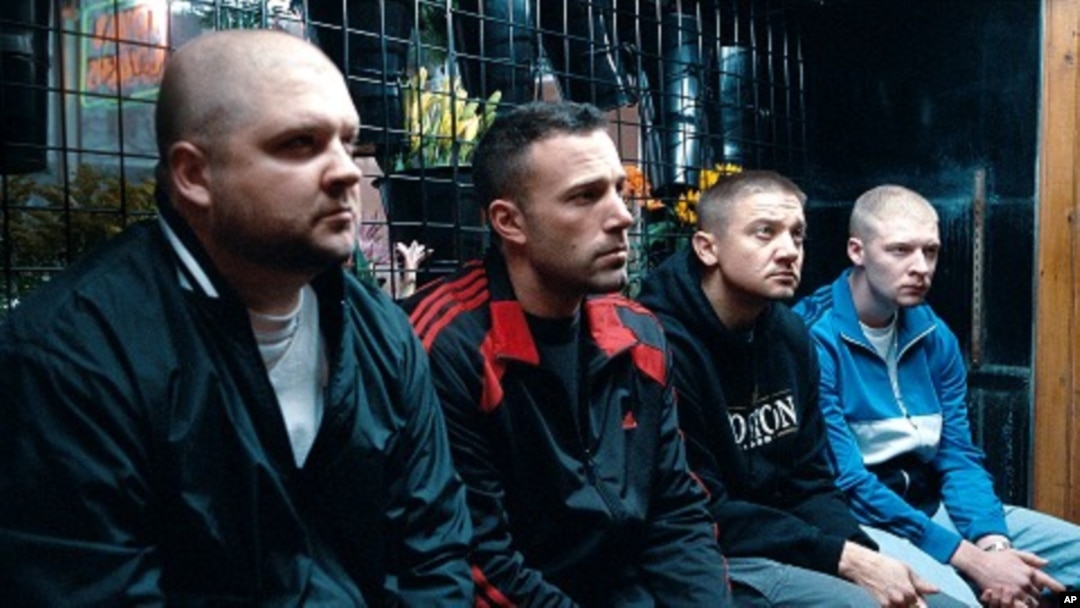 (L-r) SLAINE as Albert “Gloansy” Magloan, BEN AFFLECK as Doug MacRay, JEREMY RENNER as Jem Coughlin and OWEN BURKE as Desmond Elden in Warner Bros. Pictures’ and Legendary Pictures’ crime drama “The Town,” distributed by Warner Bros.Pictures.