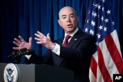 FILE - Homeland Security Secretary Alejandro Mayorkas speaks to reporters in Washington, Sept. 3, 2021.