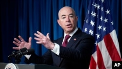 FILE - U.S. Homeland Security Secretary Alejandro Mayorkas speaks to reporters in Washington, Sept. 3, 2021.