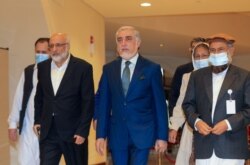 Abdullah Abdullah, the Chairman of Afghanistan's High Council for National Reconciliation, arrives for Afghan peace talks in Doha, Qatar, Aug. 12, 2021.